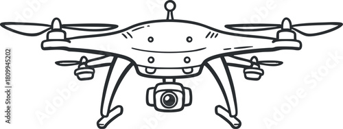Outline vector illustration of a quadcopter drone with a camera, suitable for technology and design projects