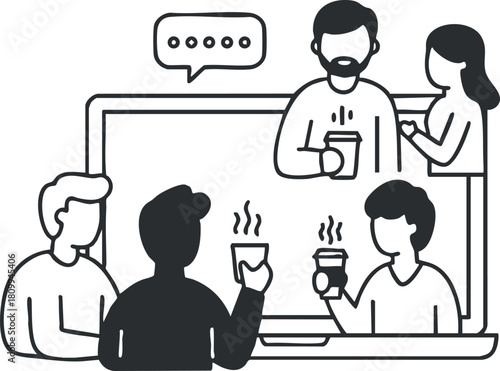Outline vector illustration of a virtual team meeting featuring diverse individuals engaging in conversation over coffee