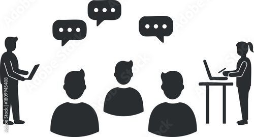 Silhouette vector illustration depicting a group discussion with participants using laptops and speech bubbles for communication