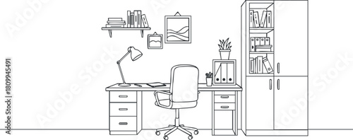 Minimalist line art illustration of a modern home office workspace featuring a desk, chair, bookshelves, and decorative elements for design projects