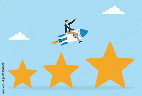 Vector illustration of a businessman riding a rocket above rising star ratings, symbolizing business growth, performance improvement, success achievement, and upward progress
