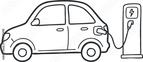 Outline vector illustration of an electric car being charged at a charging station, ideal for eco-friendly transportation concepts.