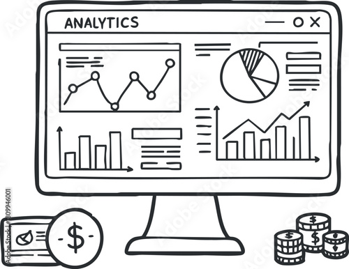 Hand-drawn vector illustration of an analytics dashboard on a computer screen, featuring charts, graphs, and financial elements for business insights.