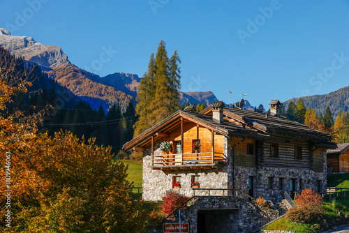 Scenic view of a traditional chalet in the Dolomites mountains, Italy, Europe	