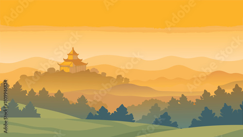 Golden Pagoda on a Hilltop in a Serene Mountain Landscape