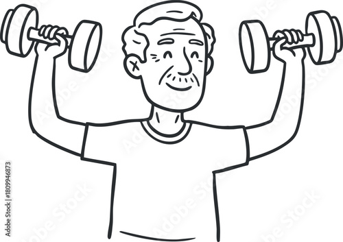 Line art vector illustration of a senior man lifting dumbbells for fitness and strength training in a minimalist style