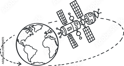 Outline vector illustration of a satellite orbiting Earth, ideal for educational and technology-related design projects