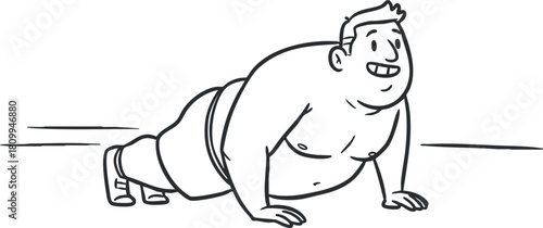 Cartoon-style vector illustration of a man performing push-ups, ideal for fitness and health concepts in design projects