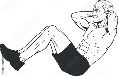 Vector illustration of a fit senior man performing abdominal crunches, ideal for fitness and health-themed projects