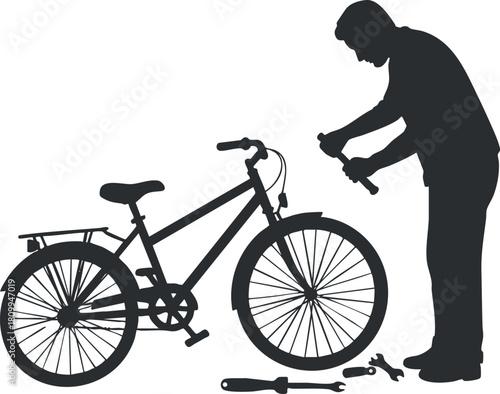 Silhouette vector illustration of a mechanic repairing a bicycle with tools, ideal for cycling and maintenance themes