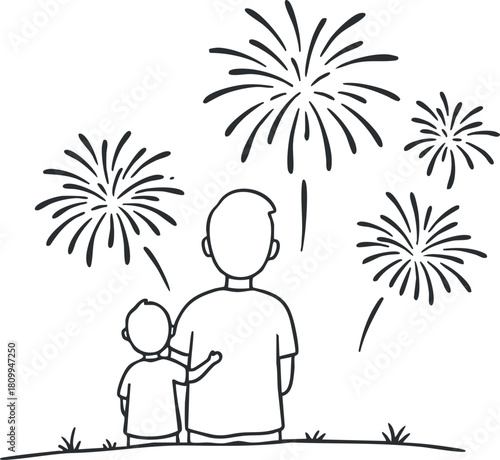 Simple outline vector illustration of a parent and child watching fireworks together, perfect for family celebration themes