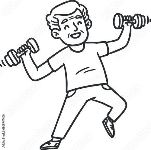 Cheerful vector illustration of a man lifting dumbbells in a playful and energetic style, ideal for fitness and health projects