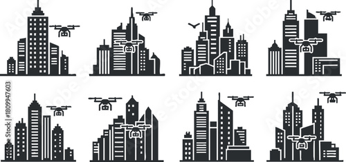 Silhouette vector icon set showing urban city skylines with drones, perfect for tech and modern design projects