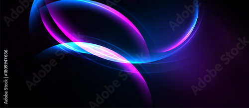 Abstract glowing shapes, vibrant blue, purple hues dominate dark background. Smooth curves create dynamic visual effect.