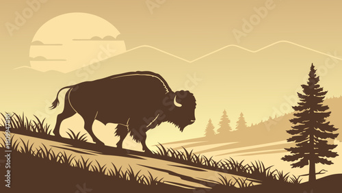 Yellowstone Buffalo Silhouette Retro Art – National Park Wildlife Rustic Americana Vintage Vector Design