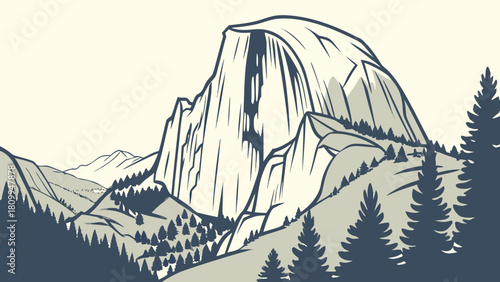 Yosemite Half-Dome Minimal Vector – National Park Landscape Retro Outdoor Adventure Rustic Americana Design