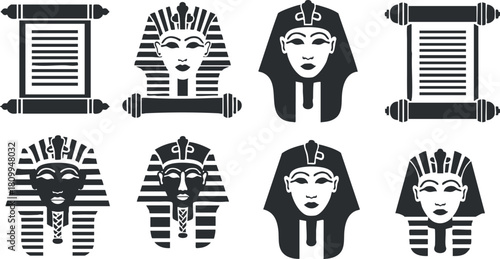 Collection of black and white vector illustrations featuring Egyptian pharaohs, hieroglyphs, and scrolls for historical and cultural design projects