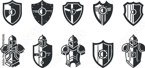 Collection of minimalist black and white vector shields and knight armor icons for design and branding projects