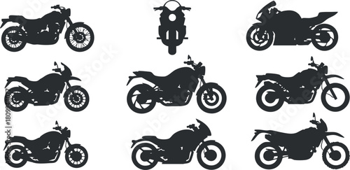 Silhouette vector icon set featuring various motorcycle designs for transportation and automotive projects