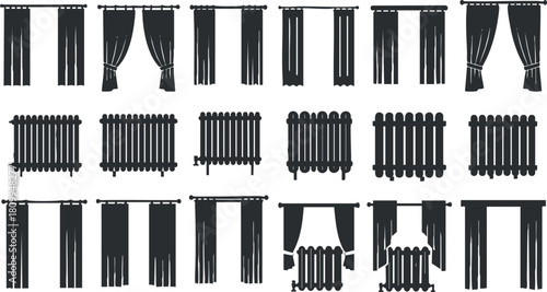 Silhouette vector icon set showing various styles of curtains and drapes for interior design and home decor projects