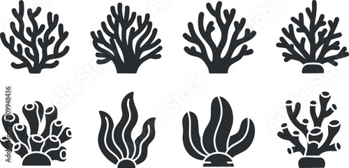 Collection of black silhouette vector illustrations of various coral shapes for marine and ocean-themed designs