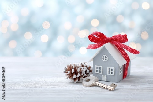 Festive winter home decoration with miniature house, pinecone, and key on wooden table