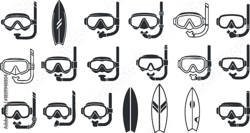 Set of minimalist black and white vector icons featuring snorkeling masks and surfboards for beach and water sports themes