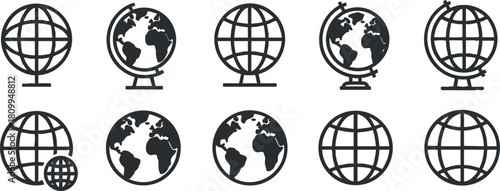 Set of minimalist black and white vector illustrations of globes and world maps for educational and travel design projects