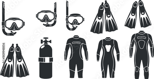 Silhouette vector icon set showcasing scuba diving equipment including masks, fins, wetsuits, and oxygen tanks for aquatic adventures