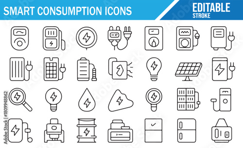 Smart energy monitoring and consumption outline icon set
