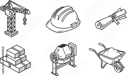 Hand-drawn vector illustration of construction tools and equipment including crane, hard hat, cement mixer, and wheelbarrow for industry projects