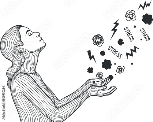 Line art illustration depicting a woman releasing stress with her hands, ideal for wellness and mental health themes.