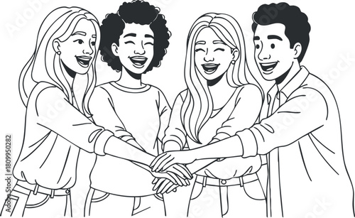 Line art illustration depicting diverse group of friends joining hands in a cheerful and supportive gesture, perfect for community and teamwork themes