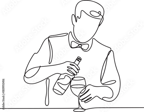Continuous Line Art Illustration of Bartender Wiping Wine Glass Minimal Realistic Bar Scene