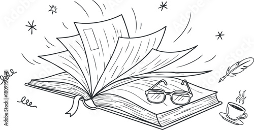 Hand-drawn vector illustration of an open book with glasses, a coffee cup, and a quill, perfect for literary themes