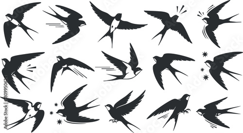 Stylized vector illustration set of flying birds in various poses, perfect for nature-themed design projects.