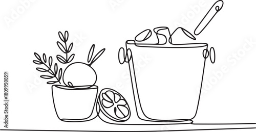 Continuous Line Art Illustration of Citrus Herbs and Ice Bucket on Counter Minimal Style