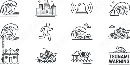 Vector icon set depicting tsunami warning symbols including waves, evacuation signs, and emergency alerts for disaster preparedness.