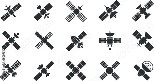 Collection of modern flat design vector icons depicting various satellites for technology and communication projects