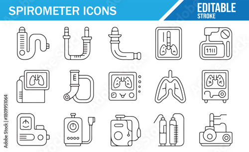 Pulmonary diagnostic equipment icon set in clean outline style