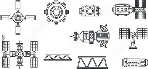 Outline vector collection of various spacecraft and satellites for technology and space exploration themes