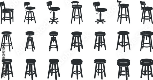 Vector illustration of a diverse set of bar stools in various styles and heights for interior design projects