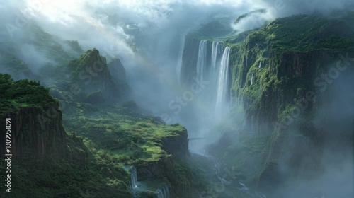 a very beautiful waterfall covered in clouds. seamless looping time-lapse virtual 4k video Animation Background.	
