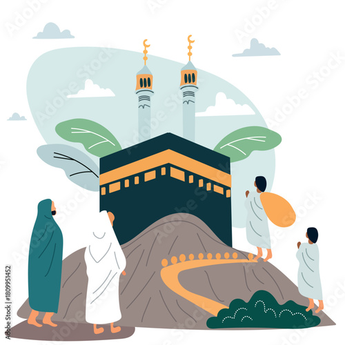 Pilgrims in ihram walking toward Kaaba in vector