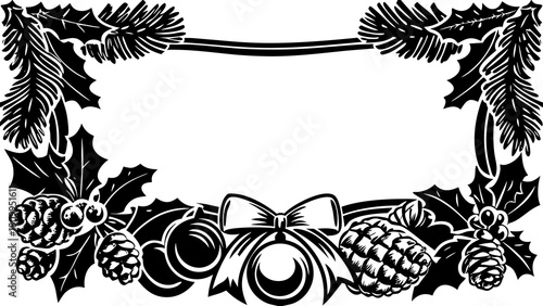 Black and white Christmas frame with pine branches, holly, ornaments, pine cones, and a bow.