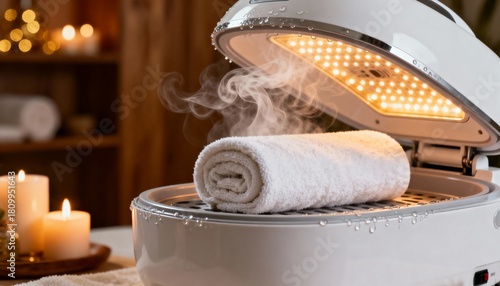 A steam towel warmer emits soothing steam, enhancing relaxation with a freshly warmed towel beside softly glowing candles, creating a tranquil atmosphere.
