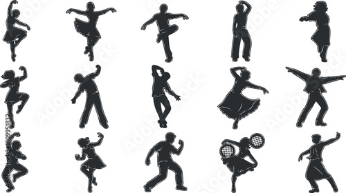Dynamic silhouette vector icon set showcasing diverse dance movements and styles for creative projects and design.