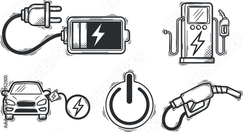 Modern outline vector illustration of electric vehicle charging concepts including battery, power symbol, and fuel pump icons