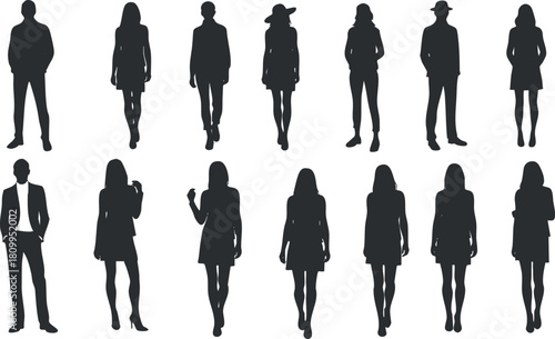 Stylish silhouette vector icon set featuring diverse figures in various poses and outfits for fashion and design projects