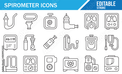 Set of editable spirometer outline icons representing pulmonary function testing devices, respiratory measurement equipment, lung airflow monitoring tools, and medical diagnostic instruments on white 
